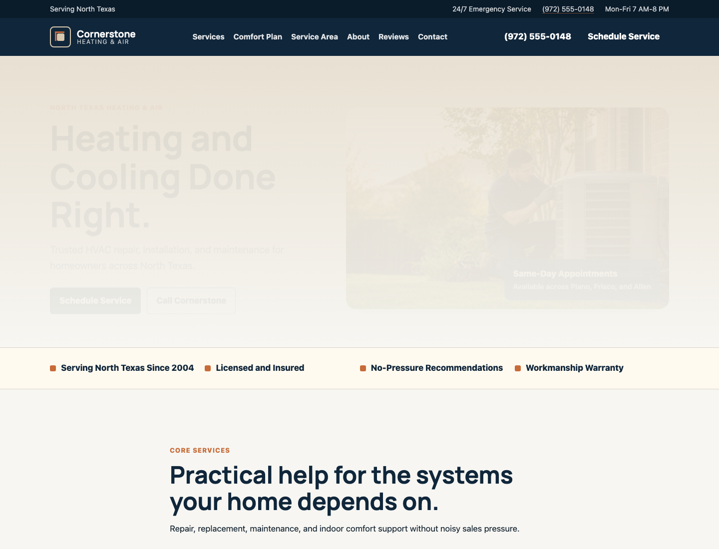 Cornerstone HVAC website homepage preview