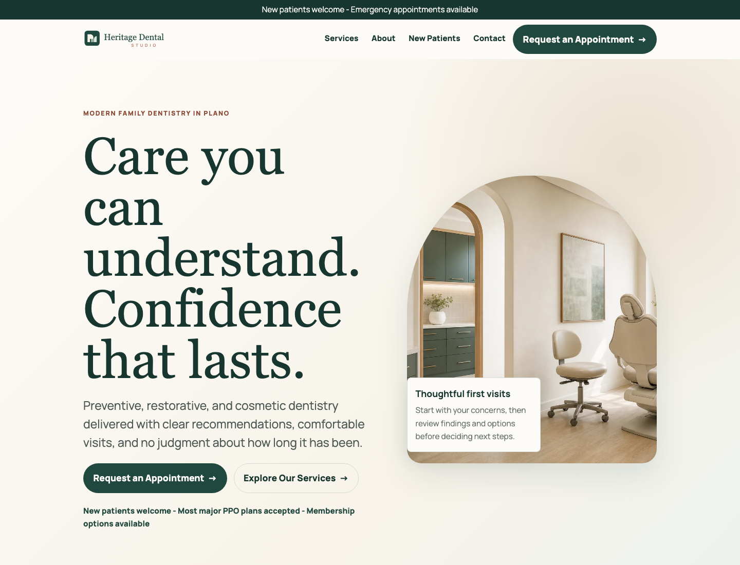 Heritage Dental Studio website homepage preview