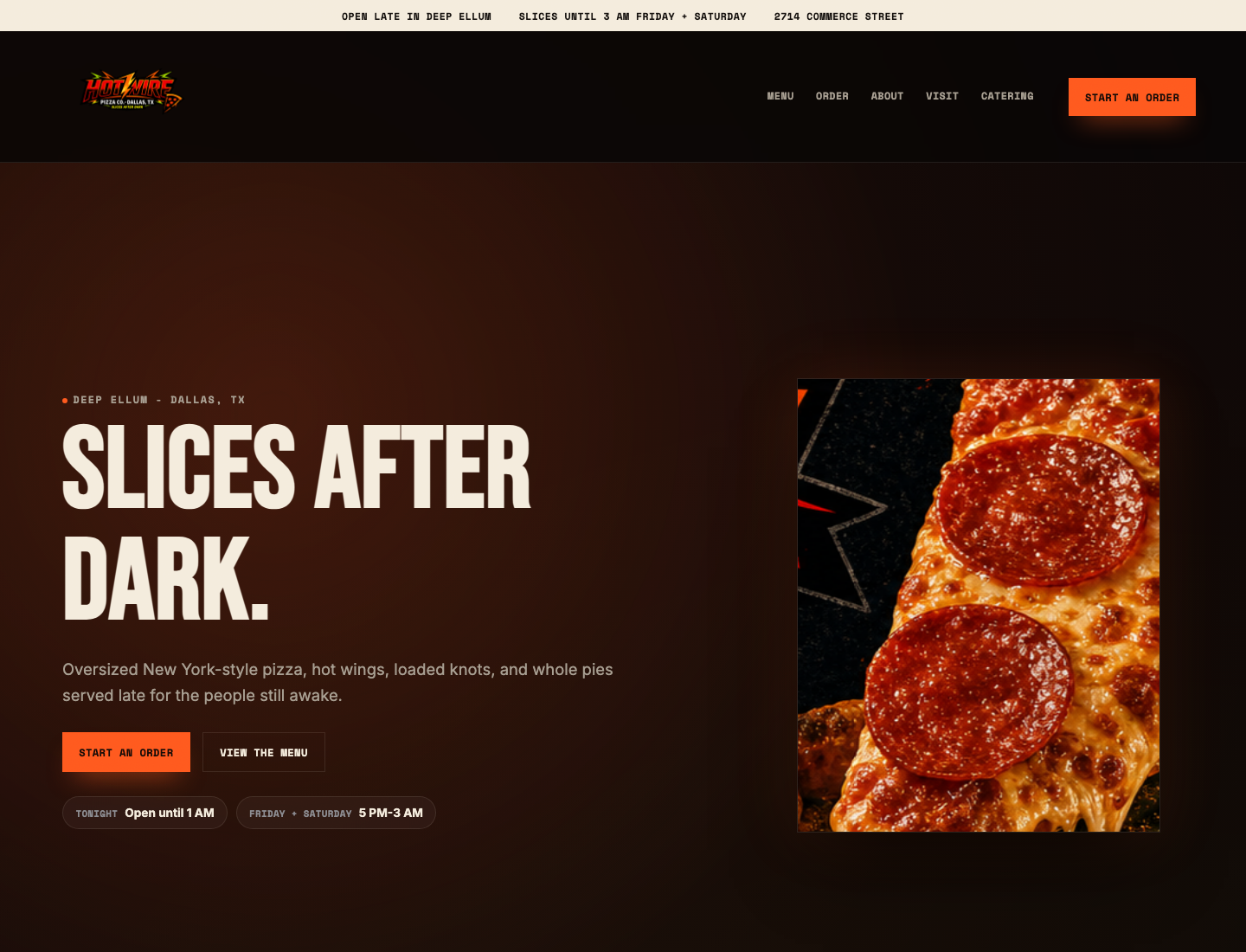 Hotwire Pizza website homepage preview