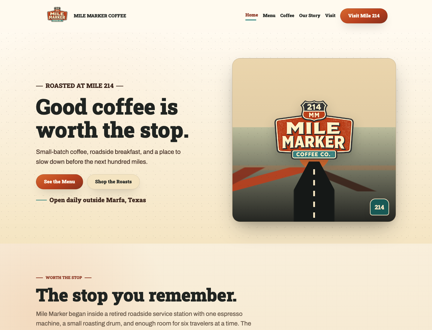 Mile Marker Coffee website homepage preview
