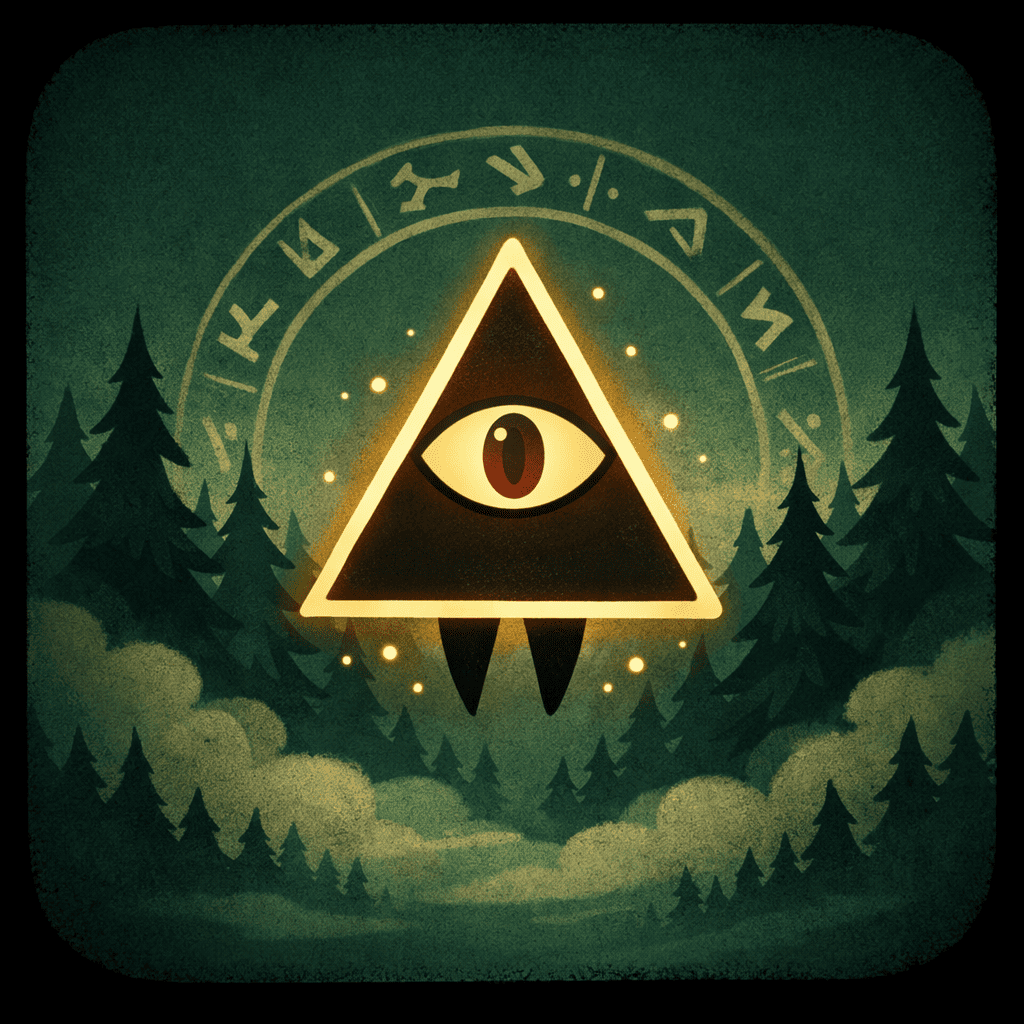 Bill Cipher eye in a dark forest