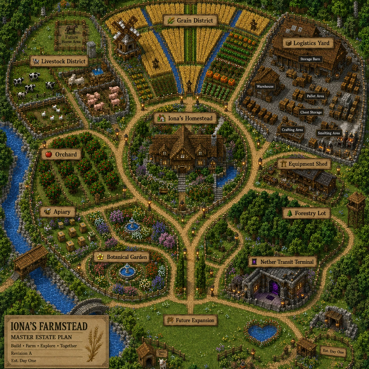 Iona's Farmstead master estate plan map with labeled districts